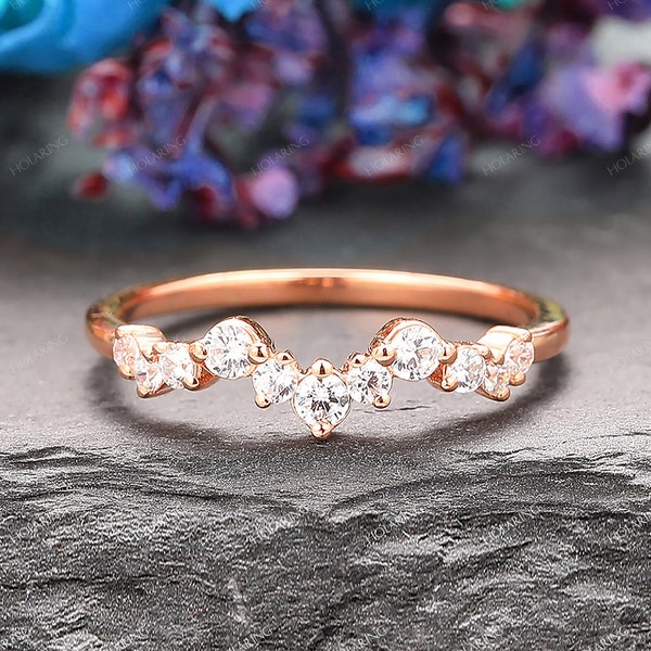 Unique Moissanite Wedding Band/ Dainty Stacking Ring/ 14k Solid Gold Matching Band Ring/ Bridal Jewelry/ Women’s Promise Ring/ Birthday Gift