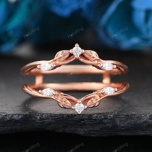 Vintage moissanite ring set enhancer leaf vine nature inspired Unique wedding band set Art deco diamond matching stacking ring for women