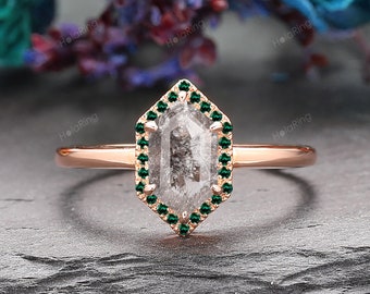 Vintage Halo 1CT Elongated Hexagon Cut Salt & Pepper Diamond Wedding Ring Emerald Engagement Bridal Ring 18K Rose Gold Gift For Women