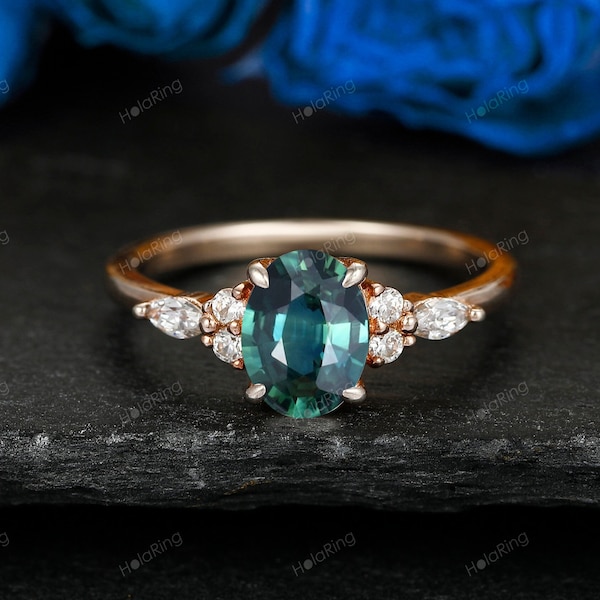 Gold Sapphire engagement ring vintage Oval cut blue green sapphire rose gold teal sapphire diamond cluster ring moissanite Anniversary