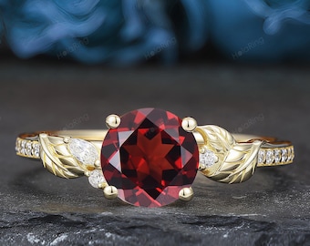 Nature Inspired Red Garnet Engagement Ring, Stacking Leaves Branch Wedding Ring, Minimalist Birthstone Garnet Ring, Unique Promise Ring Gift