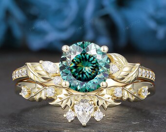 Portuguese Roudn Cut 7mm Blue Green Moissanite Ring Set, Nature Inspired Leaf Matching Ring,14k Gold Branch Stacking Bridal Ring Set For Her