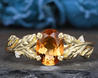 Natural Citrine Leaf Vine Engagement Ring, Oval Cut 6x8mm Citrine Wedding Ring, Unique Stacking Leaf Branch Bridal Ring, Anniversary Rings