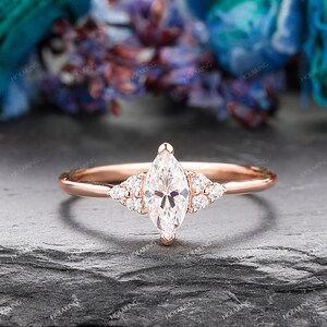 Art Deco Wedding Ring/ 4x8mm Marquise Cut Moissanite Engagement Ring/ Delicate Women&#39;s Ring/ 14k Gold Ring/ Unique Anniversary Gift Ring