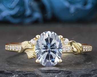 14K Gold Oval Cut 6x8mm Blue Moissanite Engagement Ring, Unique Stacking Leaves Branch Wedding Ring, Dainty Pave Setting Half Eternity Band