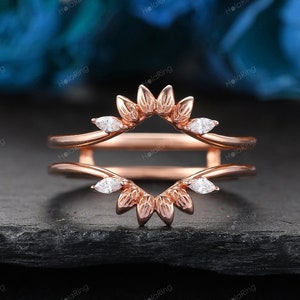 Leaf Floral Unique Moissanite Wedding Band Enhancer 10K Rose Gold Flower Double Curved Band Diamond Stacking Matching Wedding Ring For Women