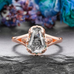 Shield Shaped 1.6 Carat Salt and Pepper Diamond Statement Ring Coffin Shaped Black Diamond Engagement Ring Split Band Ring Silver 925
