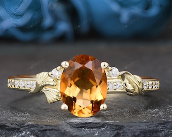 Oval 6x8mm Citrine Engagement Ring, Leaf Vine Engraved Natural Citrine Engagement Promise Ring, November Birthstone Bridal Jewelry for Her