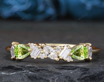 Multi Shaped Moissanite Peridot Wedding Band, Minimalist Half Eternity Band Ring, Diamond Alternative Anniversary Ring Gift, Stacking Ring