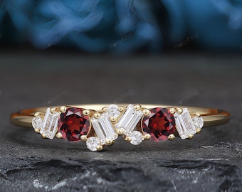 14k Solid Gold Multi Diamond Wedding Band, Stacking Round Red Garnet Ring For Bridal Set,  Dainty Matching Band For Her, Cluster Gold Ring
