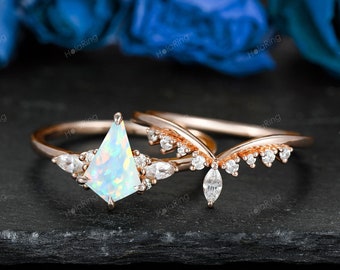 Vintage kite cut opal engagement bridal ring set 18k solid rose gold marquise cut moissanite ring for women unique bridal wedding ring set