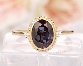 Vintage Bezel Setting Ring/ Oval Cut 7x9mm Alexandrite Engagement Ring/ Solid 14k Rose Gold Moissanite Promise Ring/ Art Deco Bridal Jewelry