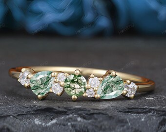 Multi Stone Diamond Band, Mix Shape Moissanite Band, Multi Shape Cluster Band, Round Moss Agate Half Eternity Band for Her,Anniversary Ring