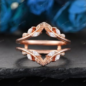 Unique leaf moissanite ring diamond wedding band Marquise cz enhancer ring Curved V stacking band white gold ring Promise Gift Silver Ring