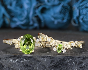 Oval Green Peridot Engagement Ring Set, Custom Leaf Floral Promise Rings Gift, 14k Gold August Birthstone Peridot Wedding Rings For Women