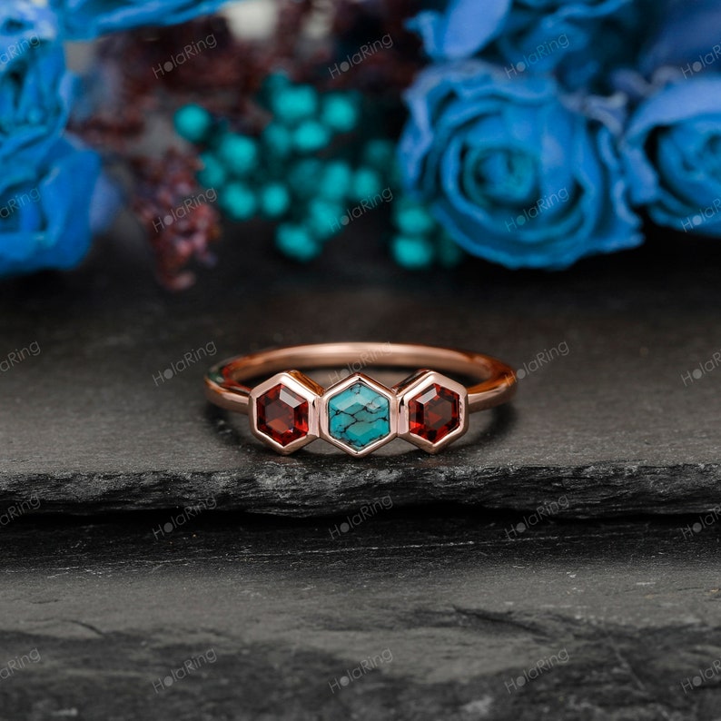 Garnet Ring Turquoise With black cracks Ring/ Dainty Bezel Set Wedding Band/ Unique 3 Gemstone Ring/ Personalized Gemstone Ring Silver 925 image 2