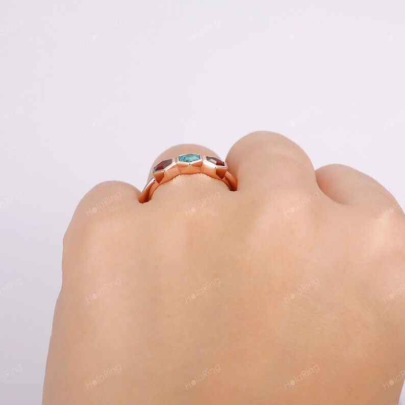Garnet Ring Turquoise With black cracks Ring/ Dainty Bezel Set Wedding Band/ Unique 3 Gemstone Ring/ Personalized Gemstone Ring Silver 925 image 9