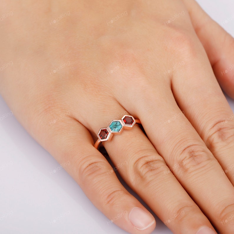 Garnet Ring Turquoise With black cracks Ring/ Dainty Bezel Set Wedding Band/ Unique 3 Gemstone Ring/ Personalized Gemstone Ring Silver 925 image 7