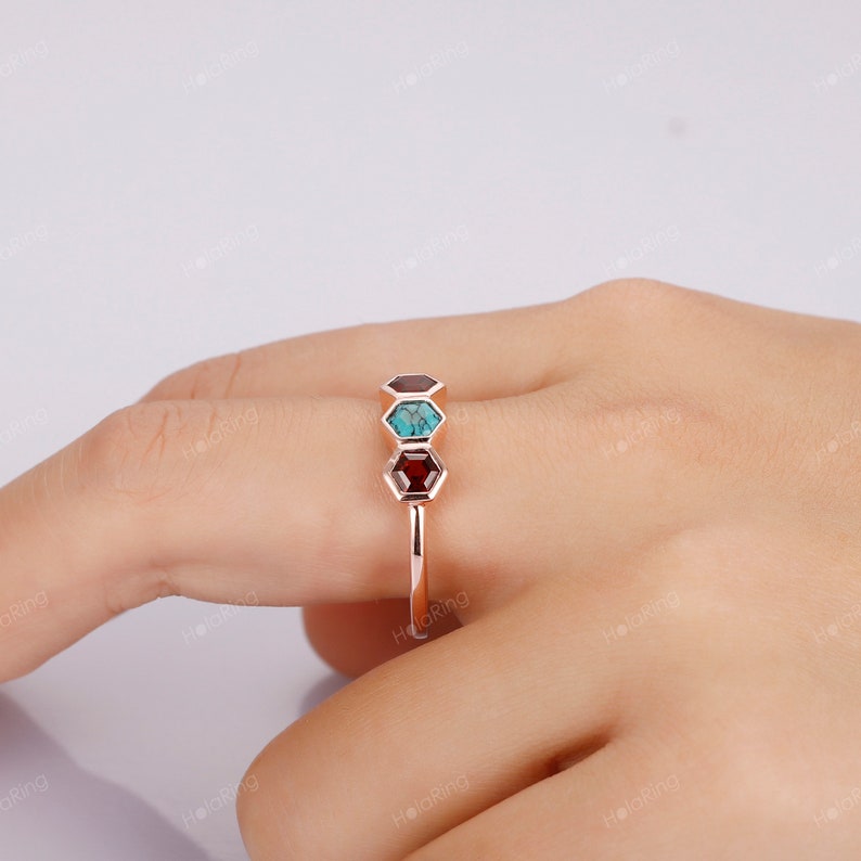 Garnet Ring Turquoise With black cracks Ring/ Dainty Bezel Set Wedding Band/ Unique 3 Gemstone Ring/ Personalized Gemstone Ring Silver 925 image 6