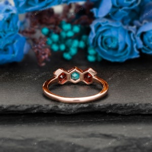 Garnet Ring Turquoise With black cracks Ring/ Dainty Bezel Set Wedding Band/ Unique 3 Gemstone Ring/ Personalized Gemstone Ring Silver 925 image 5