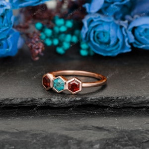 Garnet Ring Turquoise With black cracks Ring/ Dainty Bezel Set Wedding Band/ Unique 3 Gemstone Ring/ Personalized Gemstone Ring Silver 925 image 4