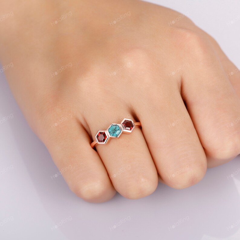 Garnet Ring Turquoise With black cracks Ring/ Dainty Bezel Set Wedding Band/ Unique 3 Gemstone Ring/ Personalized Gemstone Ring Silver 925 image 8