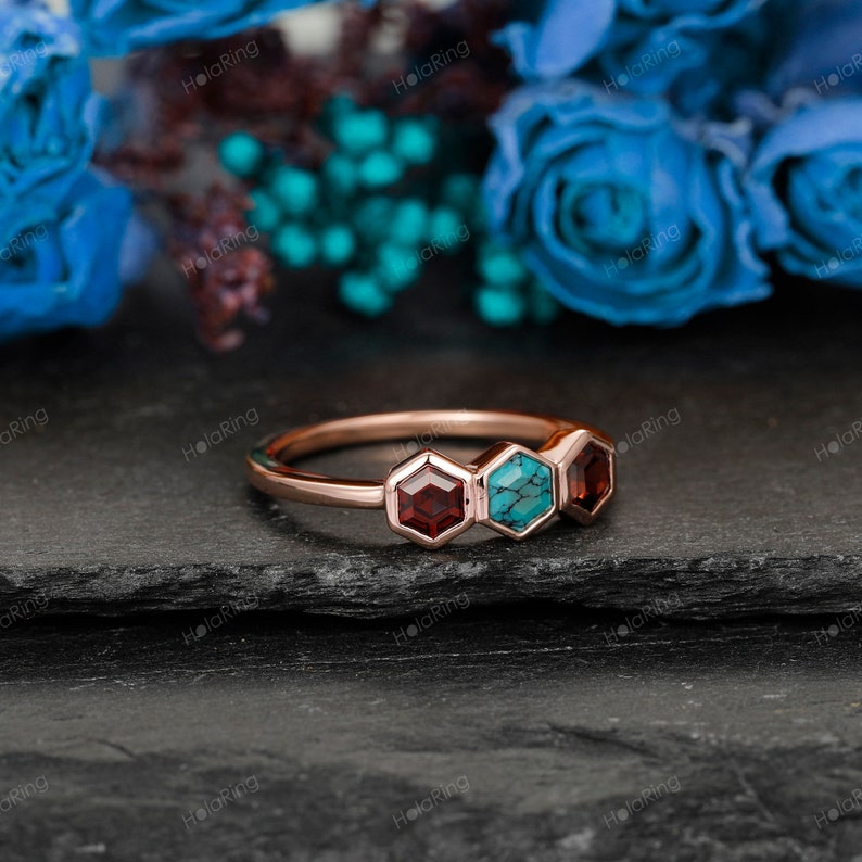 Garnet Ring Turquoise With black cracks Ring/ Dainty Bezel Set Wedding Band/ Unique 3 Gemstone Ring/ Personalized Gemstone Ring Silver 925 image 3