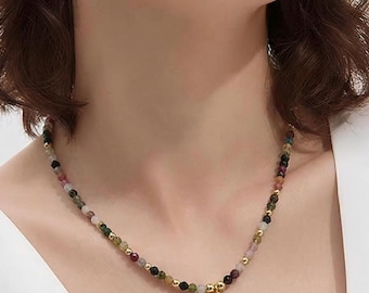 Multicolor Tourmaline Necklace with Black Teardrop Pendant, Goldfilled Beaded Gemstone Necklace, Minimalist Dainty Jewelry Gift for Her