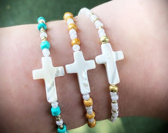 OPAL CROSS BRACELET, beaded cross bracelet, elastic adjustable bracelet, first communion gift, gemstone bracelet, religious bracelet