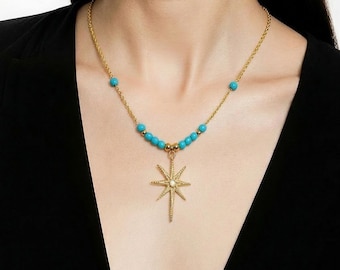 Gold plated Starburst Necklace with Turquoise Beads Celestial Star Pendant Necklace Minimalist Gold Star Jewelry Dainty Turquoise Neckace