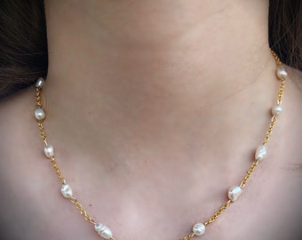 14k Gold plated Mother’s Day pearl chain necklace, goldfilled minimal women necklace ,gift for her , anniversary gift , mother birthday gift