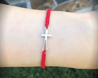 DAINTY CROSS BRACELET , believe and protection delicate silver bracelet faith bracelet, skinny thin bracelet red string religious bracelet