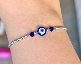 EVIL EYE BRACELET, gold beaded bracelet, chakra bracelet, silver stretch bracelet, Buddhist bracelet, friendship bracelet, wish bracelet