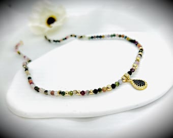 Dainty Tourmaline Necklace, Minimalist Crystal Healing Choker, Gradient Gemstone, October Birthstone, Birthday Gift Idea,charm teardrop