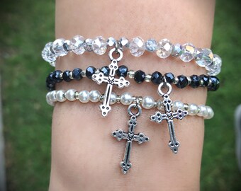 CRYSTAL CROSS BRACELET, faith believe bracelet ,elastic adjustable bracelet, first communion gift, charm bracelet, religious bracelet,