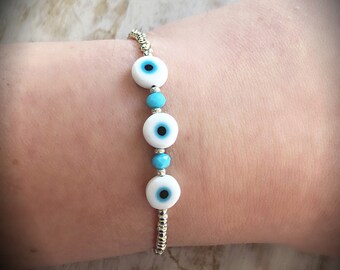 EVIL EYE BRACELET, gold beaded bracelet, chakra bracelet, silver stretch bracelet, Buddhist bracelet, friendship bracelet, wish bracelet