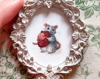 ORIGINALE Aquarelle petite souris et coeur anatomique Peinture Miniature