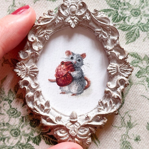 ORIGINALE Aquarelle petite souris et coeur anatomique Peinture Miniature