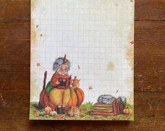 Bloc note illustré A6 Sorcière automne cosy 50 feuilles pour listes lettres mots pense bête illustré d'une sorcière et sa citrouille note