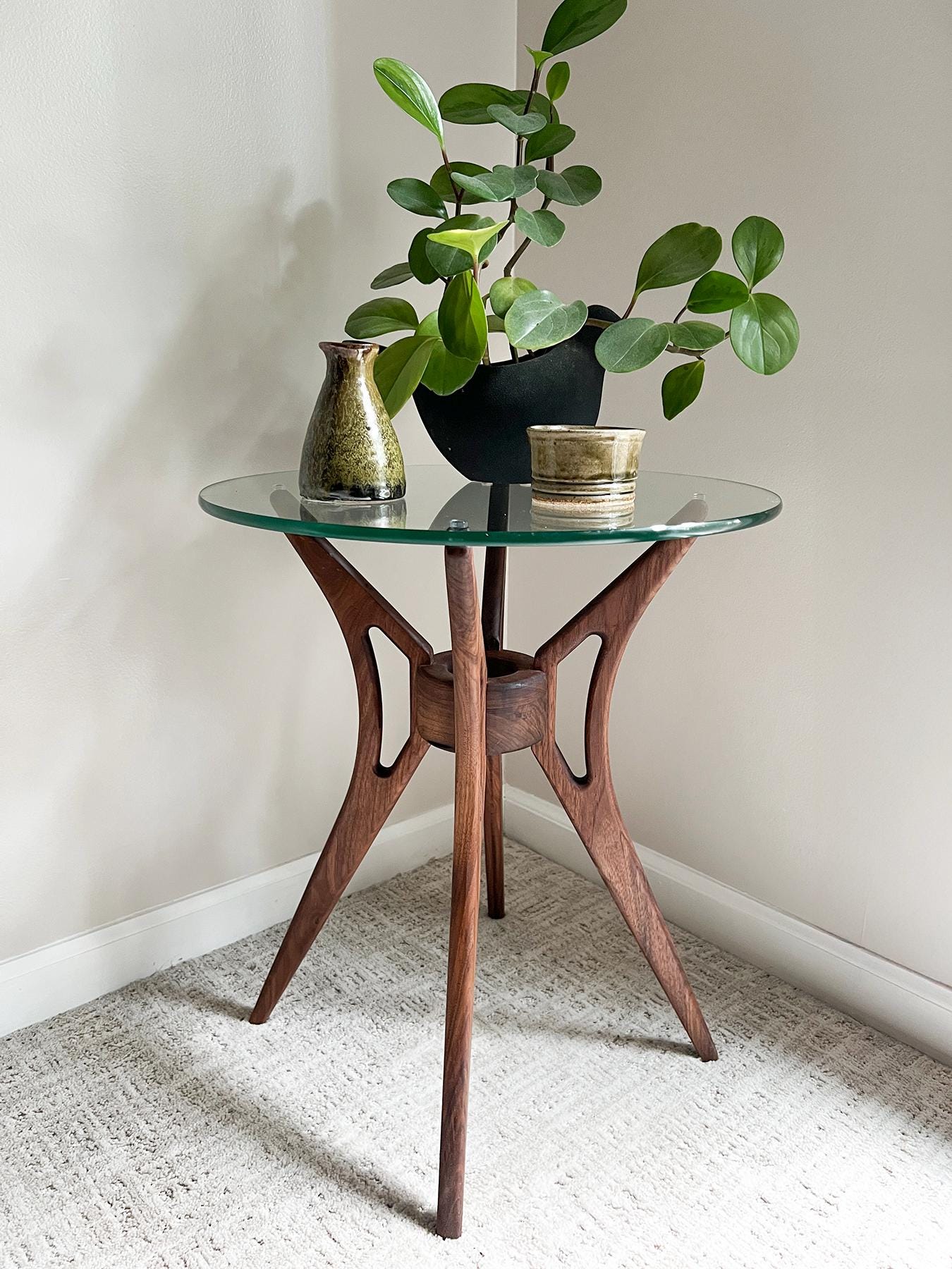 Mid Century Glass Top Side Table - Etsy