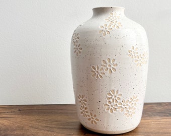 White Stoneware Floral Patterned Ceramic Vase