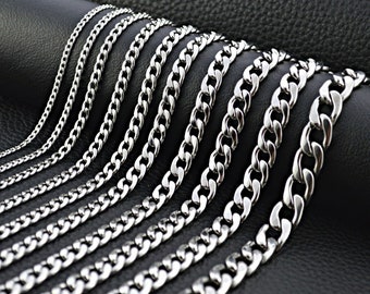Stainless steel curb chain necklace bracelet solid width 3 mm - 11 mm men, women fashion jewelry long 18 cm - 100 cm