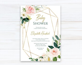 Baby Shower Invitation Girl, Baby Girl Printable Template,Blush, Pink, Gold, Floral, Boho, Instant Download, DIY, EDITABLE - B3