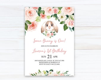 Some Bunny Is One Birthday Invitation, Blush Bunny Birthday Party Invitation, Easter Invite, Pink, Girl, Instant Download, EDITABLE - B3