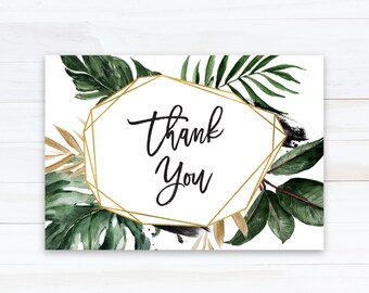 Tropical Thank You Card, Greenery, Printable Thank You Cards Baby Shower, Birthday, Wedding, Leaf, Gold, Beach Instant Download - D2