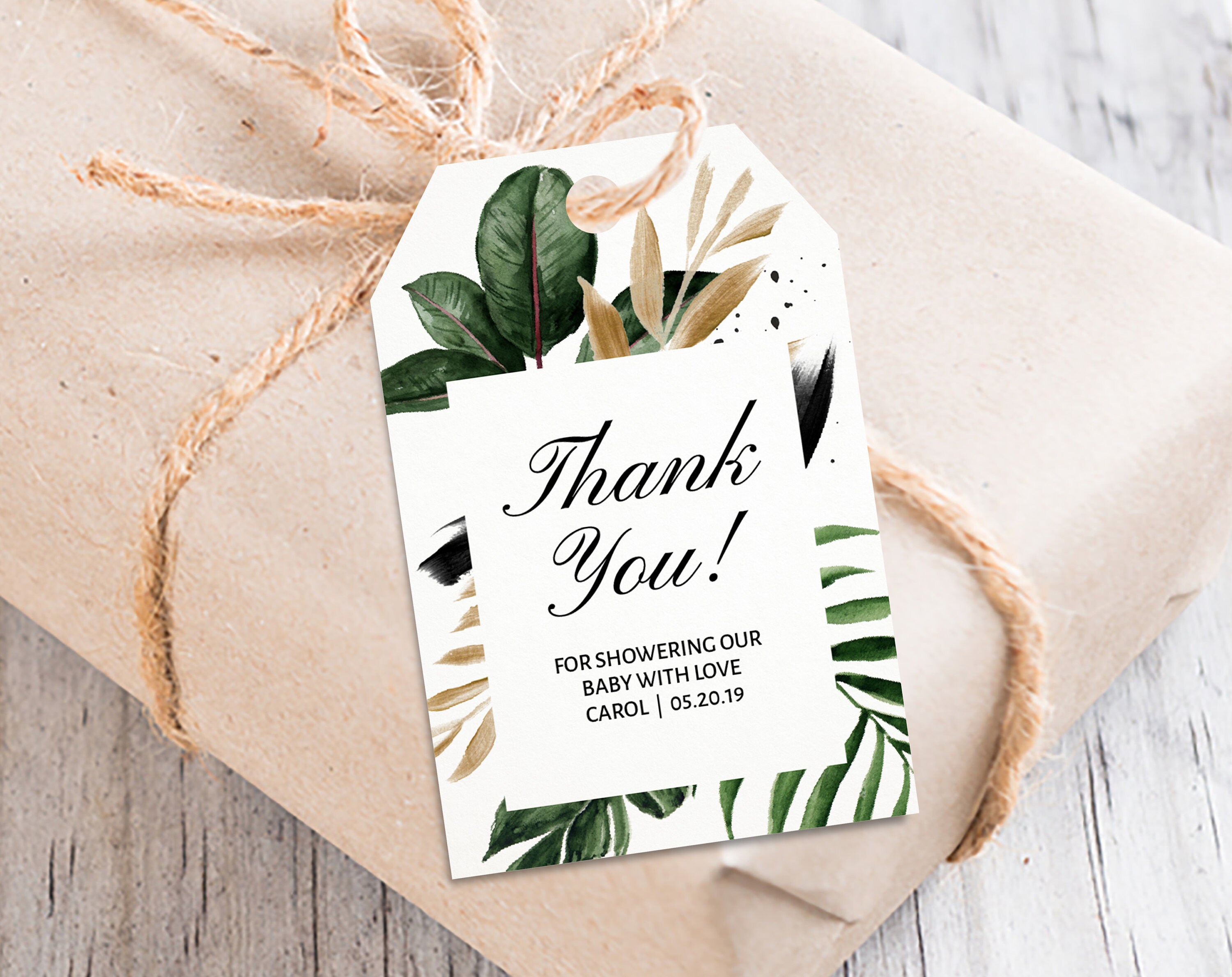 Tropical Thank You Favor Tags, Beach Gold Leafs Greenery Baby Shower ...