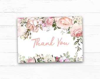 Carte de remerciement imprimable florale, carte rose fard à joues, bébé fille, bébé, anniversaire, douche, 1er anniversaire, Boho, téléchargement immédiat - B1