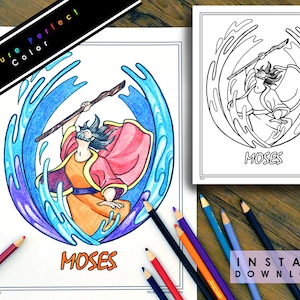 May include: A black and white colouring page of Moses parting the sea with a staff. The image is surrounded by a circle of waves. The word "Moses" is written below the image.