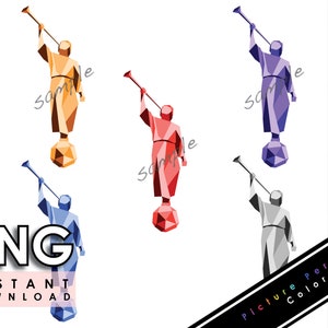 May include: A collection of geometric illustrations of a figure playing a trumpet, in various colors including orange, red, blue, purple, and gray. Each figure stands on a geometric sphere. The image includes the text "PNG Instant Download".