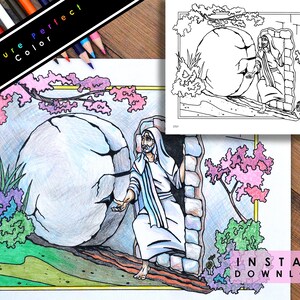 May include: A coloring page depicting a scene from the Bible, showing Jesus emerging from a tomb with a large stone rolled away. The tomb is surrounded by green grass and a pink flowering tree. The image is in black and white, ready to be colored.
